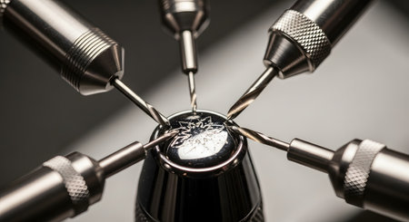 A dramatic macro photograph shows five drill bits precisely converging on a central point of a small, polished metal component that has an intricate design engraved on it. The image symbolizes high-precision manufacturing, intense focus, engineering, and collaborative effort towards a single goal.の素材