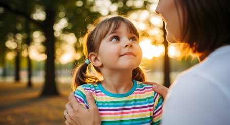 A sweet young girl with pigtails looks up at her mother with a loving and admiring smile. The scene is set in a park during a beautiful sunset, with a warm golden backlight creating a gentle and affectionate atmosphere of family love and connection.の素材