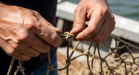 A detailed close-up shows the strong, weathered hands of a fisherman skillfully tying a knot while mending a fishing net. The image emphasizes manual labor, traditional skills, hard work, and the maritime profession.の素材