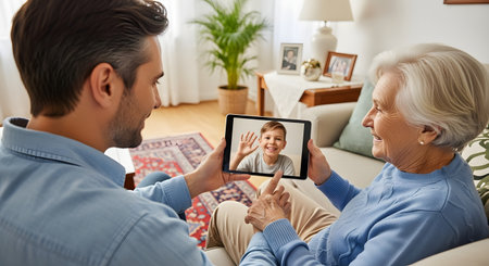 A heartwarming scene of a multi-generational family connecting through technology, as an adult son and his elderly mother smile while on a video call with a young grandson. The happy boy waves from the tablet screen, symbolizing family bonds, love, and modern communication.の素材