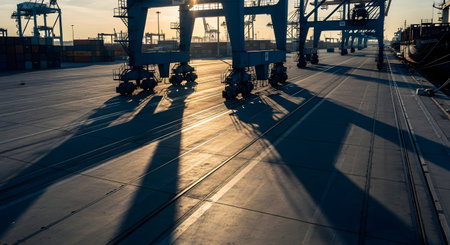 Large gantry cranes at a shipping port cast long, dramatic shadows across the concrete dock during sunrise or sunset. The warm light illuminates the industrial landscape of cranes, tracks, and shipping containers in the background. This image symbolizes global trade, logistics, import, export, and industry.の素材
