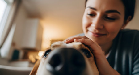 A tender, close-up shot focusing on a dog's wet nose, with its expressive eyes looking up. In the soft-focus background, a smiling woman gently pets the dog's head, showing a deep bond of love and companionship. This image captures the heartwarming connection between a human and their beloved pet.の素材