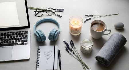 A calming flat lay of self-care and relaxation items arranged on a white desk. The scene includes a laptop, headphones, a notebook, a scented candle, a cup of coffee, and sprigs of lavender, promoting wellness and work-life balance.の素材