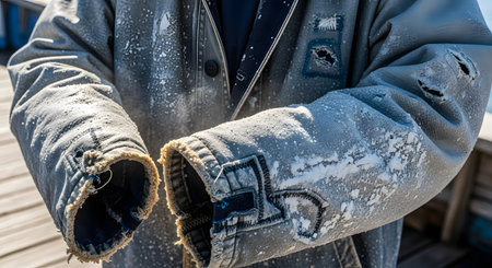 Close-up on the torso and arms of a person wearing a heavily worn, torn, and salt-stained work jacket. The frayed cuffs and patched holes suggest a life of hard manual labor, possibly as a fisherman or dock worker, and convey themes of resilience and endurance.の素材