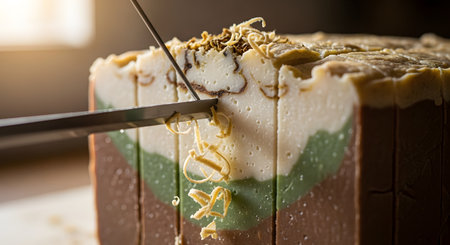A close-up shot captures a wire cutter slicing through a large, layered block of artisanal, handmade soap, creating delicate shavings. The different colored layers and textured top highlight the natural and creative process of small-batch soap making.の素材