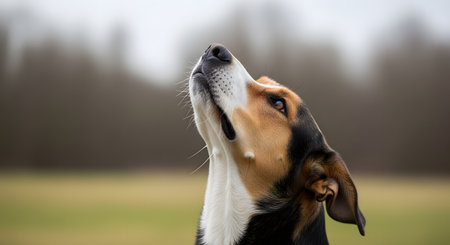 A close-up portrait of a beautiful tri-color dog, a mix of black, brown, and white, looking up with a hopeful and attentive expression. The background is a soft-focus, blurred field, emphasizing the dog's focused gaze.の素材