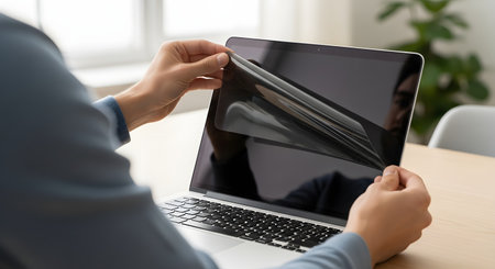 A person carefully applies a privacy screen filter to a laptop, aligning it perfectly with the display. The screen protector is designed to prevent visual hacking and protect sensitive information, representing concepts of data security and digital privacy.の素材