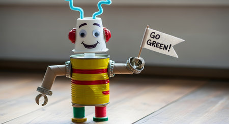 A creative, handmade robot made from upcycled materials like a tin can and plastic cup holds a small flag that reads 'GO GREEN!'. This charming figurine promotes concepts of recycling, environmental awareness, and sustainable crafting.の素材
