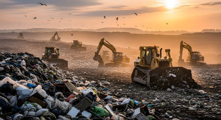 A panoramic view of a massive landfill at sunset, with several bulldozers and excavators moving mountains of garbage. Birds fly in the hazy, orange-lit sky, highlighting themes of pollution, waste management, environmental issues, and consumerism on an industrial scale.の素材