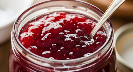 A close-up shot of a glass jar filled with vibrant red strawberry jam. A silver spoon is dipped into the jam, showing its thick, textured consistency, evoking feelings of homemade goodness and breakfast.の素材