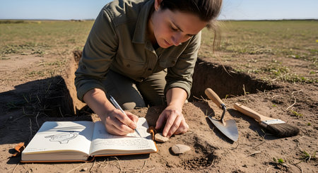 A female archaeologist kneels at a sunny excavation site, carefully sketching a discovered artifact into her field journal. Her tools, including a trowel and brush, lay on the dry soil next to her as she documents the historical find. This image represents discovery, research, and historical science.の素材