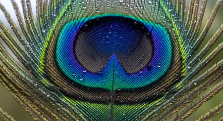 A detailed macro photograph captures the eye of a peacock feather, showcasing its vibrant, iridescent colors of blue, green, and gold. Tiny, glistening water droplets rest on the feather's surface, enhancing its intricate texture and natural beauty.の素材