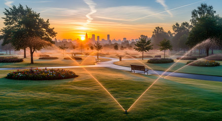 An automated irrigation system with sprinklers waters a lush green lawn and flowerbeds in a city park at dawn. The rising sun casts a warm glow over the landscape, with a modern city skyline silhouetted in the background.の素材
