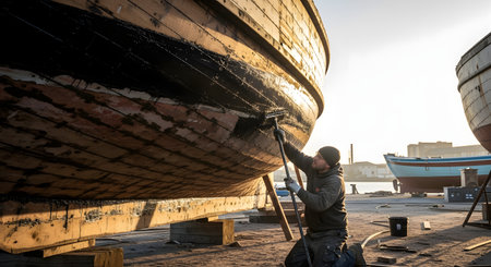 A craftsman kneels while meticulously applying black protective paint to the large wooden hull of a boat resting in a shipyard. The warm light of the early morning sun illuminates the scene, highlighting the traditional and laborious nature of maritime vessel maintenance.の素材