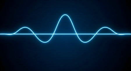 A vibrant, glowing blue neon line forms a perfect sine wave against a solid dark background. The smooth, continuous curve represents concepts such as frequency, sound waves, energy, and digital signals. This abstract image conveys technology, science, and rhythm.の素材