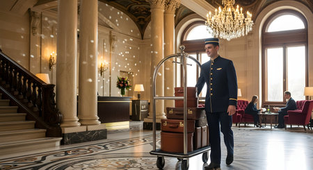 A smiling bellhop in a classic uniform pushes a luggage cart stacked with suitcases through the opulent lobby of a luxury hotel. The grand interior features marble floors with intricate patterns, tall columns, and a sparkling crystal chandelier, conveying concepts of high-end service, travel, and hospitality.の素材