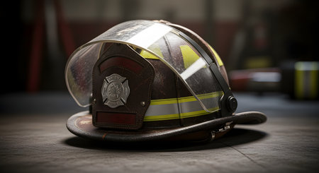 A close-up shot of a traditional leather firefighter helmet resting on a concrete floor, with a fire station blurred in the background. The helmet shows signs of wear and tear, symbolizing the bravery, danger, and dedication of firefighters. The visor is slightly raised, and the helmet features a reflective stripe and an emblem.の素材