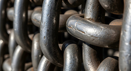 An extreme close-up, macro shot of large, heavy-duty industrial metal chain links. The rough, pitted texture of the weathered steel is highlighted by the light, emphasizing concepts of strength, durability, connection, and security. The interlocking links create a powerful and abstract industrial background.の素材