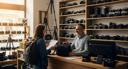 A mature, friendly male owner of a camera store is assisting a young female customer at the sales counter. The shop is filled with shelves of photography equipment, illustrating small business, customer service, retail, and the passion for photography.の素材