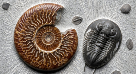 A detailed top-down view of well-preserved fossils embedded in stone. A large, spiral-shelled ammonite is featured next to a distinct trilobite, representing ancient marine life from prehistoric times. The image is a window into paleontology, geology, and the history of life on Earth.の素材
