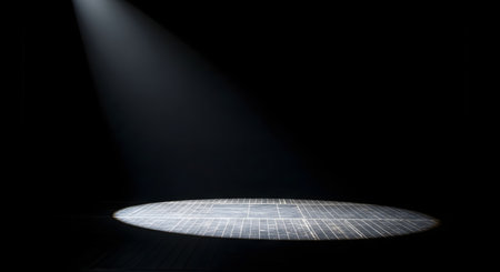 A single, bright spotlight illuminates a circular area on a dark, empty wooden stage. The beam of light cuts through the darkness, highlighting dust particles in the air, creating a dramatic and solitary atmosphere. This image symbolizes performance, focus, opportunity, and the theatrical world.の素材
