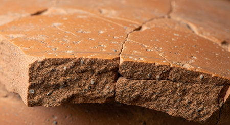 A macro photograph shows the sharp edge and porous texture of a broken piece of terracotta pottery. The clean crack reveals the cross-section of the fired clay, highlighting its granular structure. This image relates to concepts of archaeology, history, fragility, and discovery.の素材