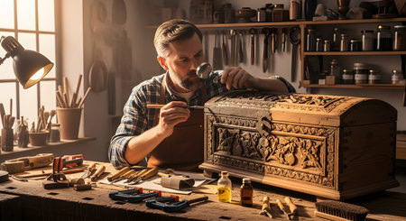 A focused craftsman in his workshop carefully inspects an ornate, antique wooden chest with a magnifying glass. His workbench is filled with various woodworking tools, showcasing his skill, dedication to restoration, and the art of carpentry.の素材