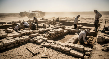 A team of archaeologists works diligently at an active dig site in a dry, desert environment under the hot sun. They are carefully excavating ancient stone ruins, using tools to uncover historical artifacts and piece together the past.の素材
