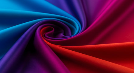 A smooth, luxurious fabric with a satin finish is twisted into an elegant swirl, displaying a vibrant gradient of colors from blue and purple to magenta and red. This abstract image highlights the soft texture and flowing movement of the textile.の素材