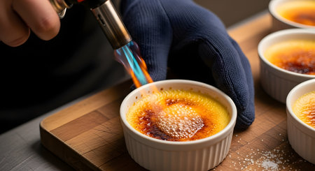 A chef, wearing a heat-resistant glove, uses a kitchen blowtorch to caramelize the sugar topping of a creme brulee in a white ramekin. The flame creates a golden-brown, bubbly crust on the classic French dessert.の素材