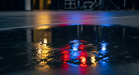 A puddle of water on a dark, wet stage floor creates a vivid reflection of colorful red, blue, and yellow stage lights. A ripple disturbs the surface of the water, distorting the bright reflections. This atmospheric image conveys concepts of concerts, events, rain, and urban nightlife.の素材