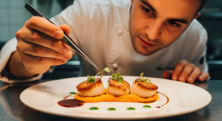 A focused chef in a professional kitchen uses tweezers to meticulously place a microgreen garnish on a dish of perfectly seared scallops. This close-up on the art of food plating highlights the precision, creativity, and dedication of gourmet cuisine, ideal for themes of fine dining, gastronomy, and culinary arts.の素材