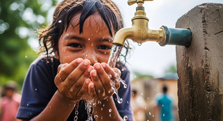 A joyful young girl smiles as she cups her hands to drink fresh, clean water flowing from a brass spigot in a rural village. This powerful image represents access to clean drinking water, childhood innocence, health, sanitation, and overcoming water scarcity.の素材