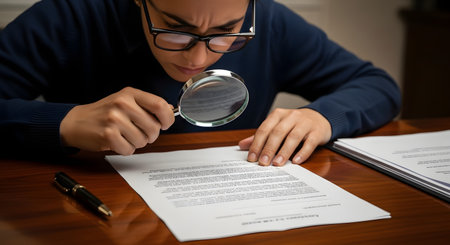 A focused individual with glasses leans in to scrutinize the fine print on a document using a magnifying glass. The image strongly conveys concepts of careful inspection, due diligence, contract review, investigation, and attention to detail.の素材