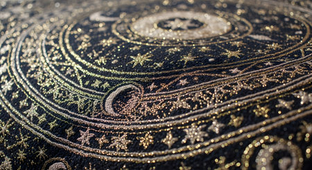 A detailed macro shot of a dark textile intricately embroidered with sparkling gold and silver thread. The design features a celestial pattern of moons and stars arranged in a circular, mandala-like motif, evoking themes of luxury, spirituality, astrology, and craftsmanship.の素材