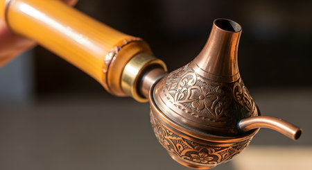 A close-up, detailed view of an ornate, antique smoking pipe. The beautifully crafted bowl is made from copper with intricate floral engravings, and it is attached to a smooth bamboo stem, representing traditional craftsmanship, vintage collectibles, and historical smoking accessories.の素材