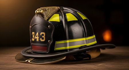 A dramatic close-up of a black firefighter's helmet resting on a wooden surface. The helmet features a golden eagle emblem and the number 343, symbolizing bravery, heroism, and the sacrifice of first responders.の素材