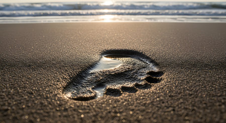 A single, clear footprint is pressed into the smooth, wet sand on a beach, with water pooling in the impression. The low sunlight of a sunset reflects on the water's surface and the distant ocean, creating a peaceful and serene atmosphere.の素材