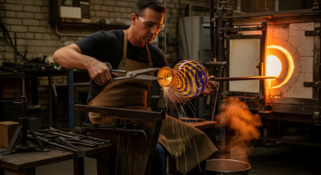A focused artisan glassblower, wearing safety glasses and an apron, uses tools to shape a piece of hot, molten glass on the end of a blowpipe in his workshop. Sparks fly as he works near a glowing furnace, demonstrating a traditional and highly skilled craft.の素材