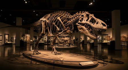 A complete Tyrannosaurus Rex (T-Rex) fossil skeleton is dramatically spotlit and displayed on a platform in a dark museum hall. This impressive exhibit showcases the scale and ferocity of the prehistoric dinosaur, representing paleontology, natural history, and education.の素材