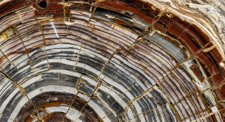 An extreme close-up, macro view of a cross-section of petrified wood, revealing intricate, colorful concentric rings. The detailed patterns of red, white, and grey showcase the mineral replacement process over millions of years, creating a stunning natural abstract texture. The image relates to geology, paleontology, time, and the beauty of natural history.の素材