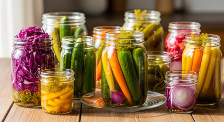 A vibrant collection of homemade pickled vegetables is artfully arranged in various glass jars on a wooden surface. The colorful assortment includes preserved cucumbers, carrots, red cabbage, onions, and peppers, showcasing the process of canning and fermentation.の素材