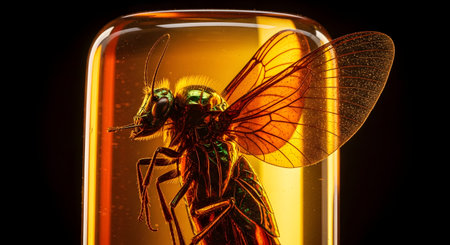 A highly detailed macro shot of a prehistoric insect perfectly preserved within a piece of clear, golden amber. Light illuminates the delicate, translucent wings and the intricate details of the creature's body, creating a stunning visual. The image represents concepts like preservation, time, paleontology, and natural history.の素材