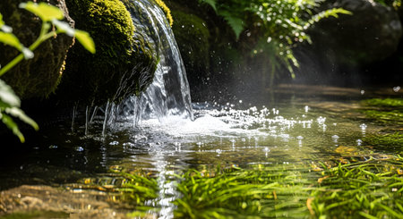 Sunlight filters through a lush forest, illuminating a small, serene waterfall as it cascades over moss-covered rocks into a clear, shallow stream. The peaceful scene is filled with vibrant green aquatic plants, embodying purity and natural tranquility.の素材
