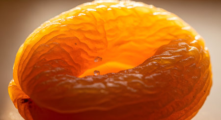 An extreme close-up, macro photograph of a single dried apricot highlights its vibrant orange color and glistening, wrinkled texture. The detailed image reveals the natural sugars and folds created during the dehydration process of this healthy fruit snack.の素材