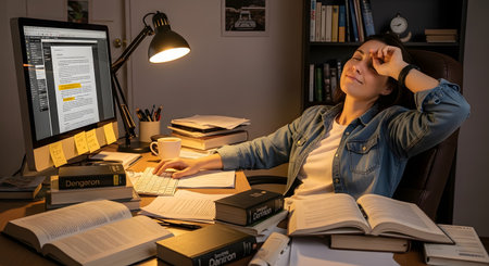 A tired woman rubs her eyes while sitting at a cluttered desk late at night, illuminated by a single lamp. Her desk is covered with books and papers, suggesting long hours of studying or working, leading to burnout and fatigue.の素材