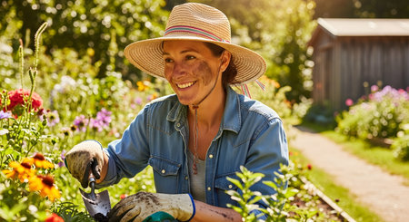 A cheerful woman with a straw hat and a joyful smile gardens in her sun-drenched flower bed. With a smudge of dirt on her cheek and wearing gardening gloves, she uses a small trowel, perfectly capturing the happiness and satisfaction of this outdoor hobby.の素材
