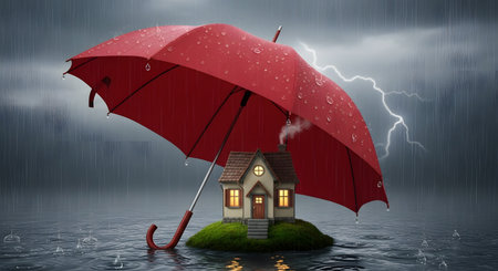 In a conceptual illustration, a giant red umbrella shields a small, warmly lit house on an island from a severe rain and lightning storm. This is a powerful visual metaphor for home insurance, protection, security, and safety against risk and adversity.の素材