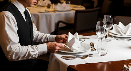 A sharply dressed waiter meticulously folds a white cloth napkin while preparing a table in an upscale restaurant. The elegant table setting includes wine glasses, polished silverware, and plates, ready for a fine dining experience.の素材