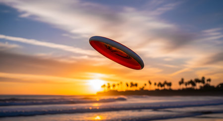 A red frisbee is captured in mid-flight, frozen in the air against the backdrop of a spectacular beach sunset. The warm golden light illuminates the scene, with gentle ocean waves and silhouetted palm trees in the background, evoking feelings of summer, leisure, sport, and carefree moments.の素材